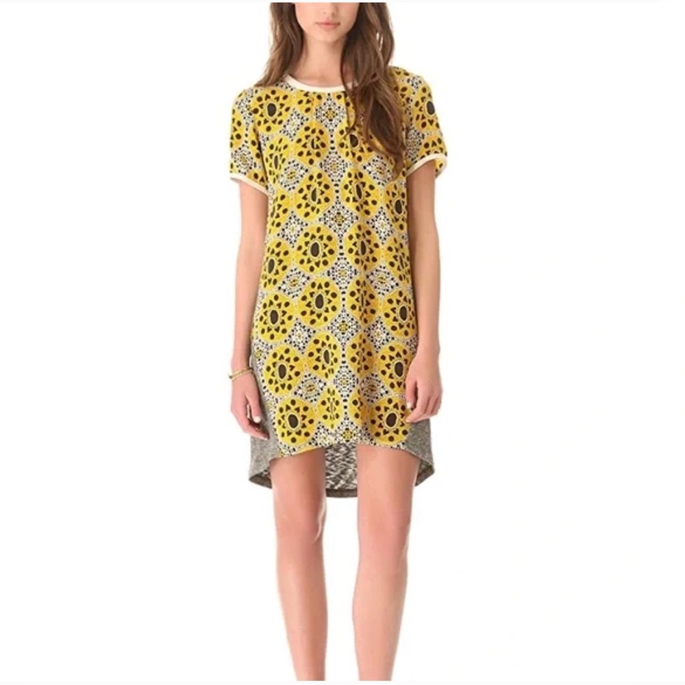 SEA yellow cream black gray circle print half silk knit shirt dress